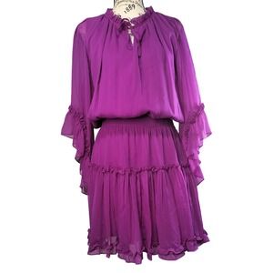 Gianni Bini Magenta Purple Chiffon Ruffle Smocked Mini Dress Bell Sleeve Size M